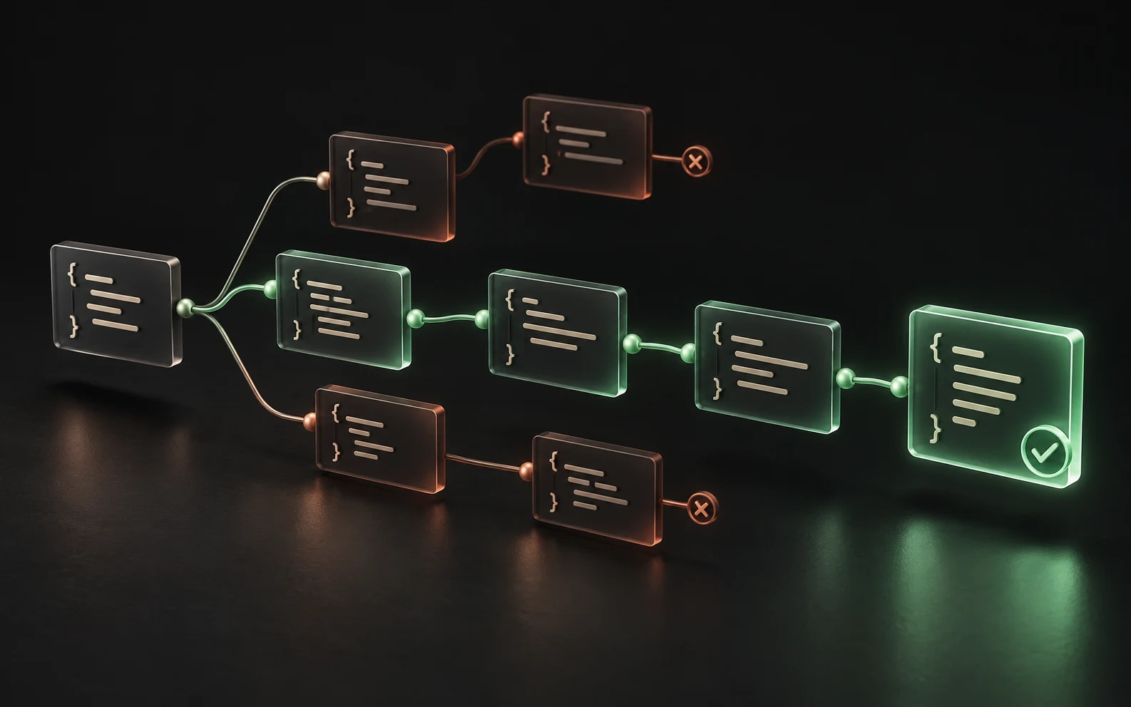Code variants branching through an evolutionary search, with the successful program highlighted in green